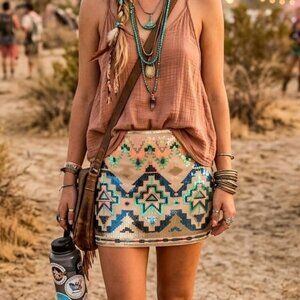 Express Iridescent Multicolor Blush Sequin Mini Skirt Festival Nomad Boho Sz XS